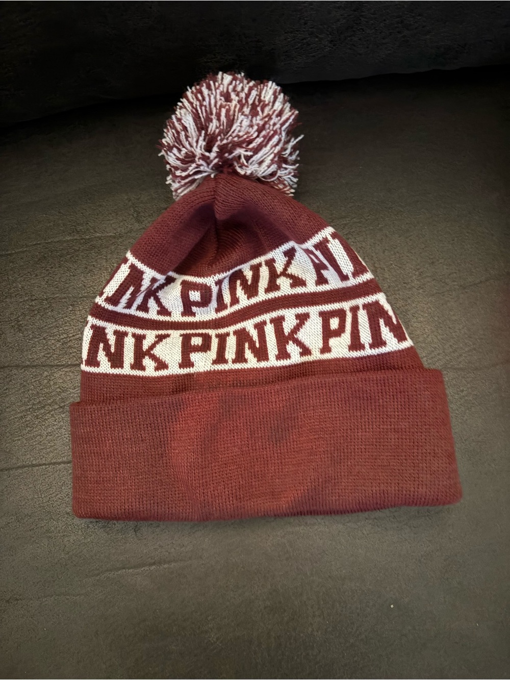PINK Victoria's Secret Maroon and White Knit Pom-Pom Kids Beanie